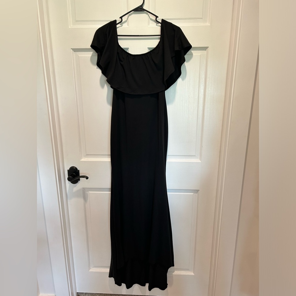 Elegant Black Ruffle Maxi Dress Pink Blush size small/medium off the shoulder - Picture 3 of 4